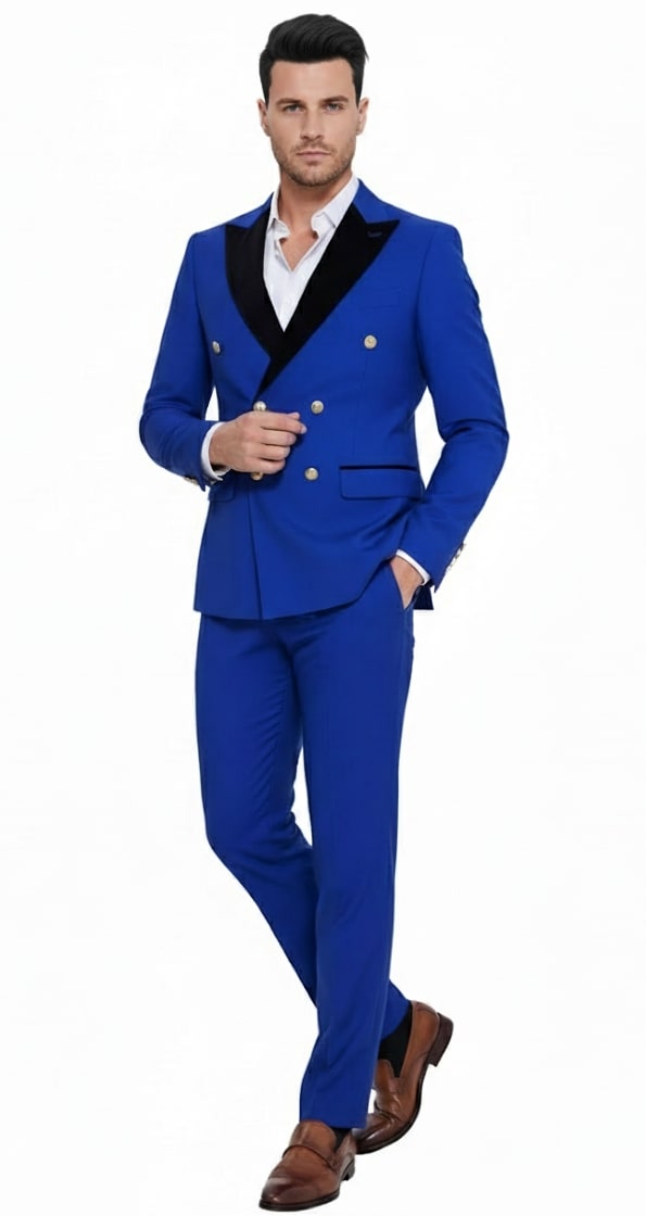 Royal blue double-breasted tuxedo suit for men, slim fit with black satin lapel. Includes tailored jacket and matching trousers.
