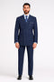 Royal blue pinstripe double-breasted suit for men. Structured jacket, wide lapels, two rows of buttons. Matching trousers with straight leg. Vertical stripes provide pattern contrast.
