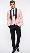 Men’s Blush Pink Tuxedo Suit Set with Black Shawl Lapel – 3 Piece Formal Wedding and Party Prom Vest + Black Pants