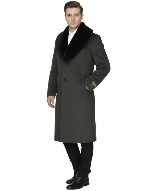 Men's olive overcoat with black fur collar. Luxury wool, straight fit, button closure, and side pockets. A stylish full-length coat.
