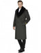 Men's olive overcoat with black fur collar. Luxury wool, straight fit, button closure, and side pockets. A stylish full-length coat.
