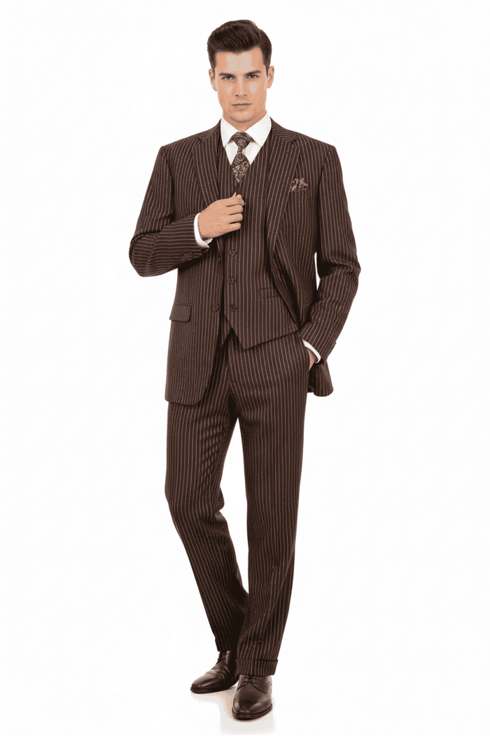 Men's brown pinstripe three-piece suit: structured blazer, vest, tailored trousers. Darker vertical pinstripes. Blazer: notched lapel, pockets. Vest: rounded neckline, pockets. Trousers: slim-fit, straight leg. Classic business formal.
