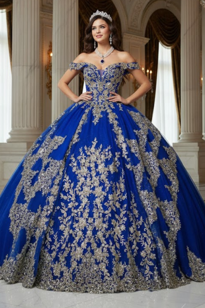 Applique Off Shoulder Quinceanera Dress Corset Ball Gown with Train by Bella Princess PQ1055