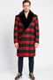 Men's red/black plaid wool overcoat. Black faux fur shawl collar, double-breasted. Tartan pattern, two front pockets. A stylish and warm winter coat.
