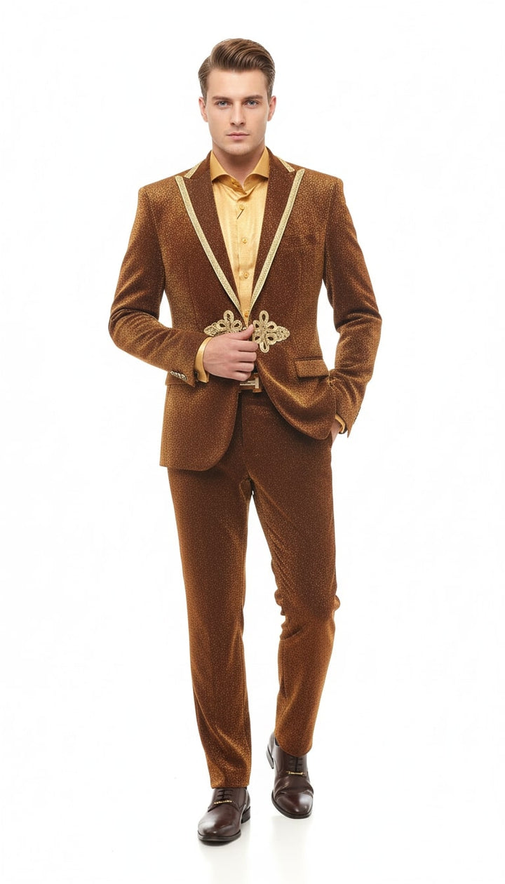 Bronze velvet suit: blazer w/ notch lapel, gold accents, matching pants. Textured pattern in brown/gold. Blazer features embellishments, tailored fitted look.
