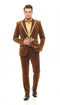 Bronze velvet suit: blazer w/ notch lapel, gold accents, matching pants. Textured pattern in brown/gold. Blazer features embellishments, tailored fitted look.
