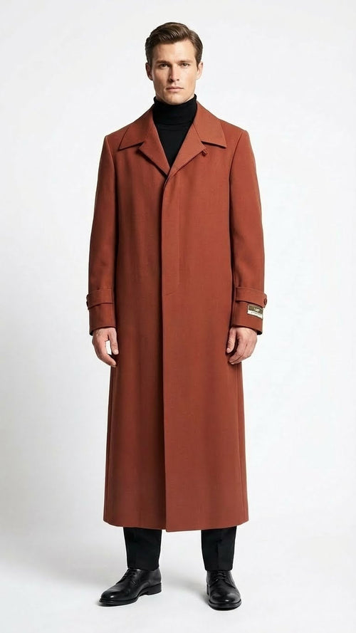 Alberto Nardoni men's cognac overcoat. Full-length, straight silhouette, single-breasted with notched lapels. Textured, rich color with a smooth finish, buttoned cuffs, and tailored fit.
