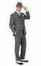 Alberto Nardoni's 1920s gray zoot suit: textured fabric, single-breasted jacket, notched lapels. Straight-leg, high-waist trousers. White shirt, silver tie, wingtip shoes, gray fedora complete the look.