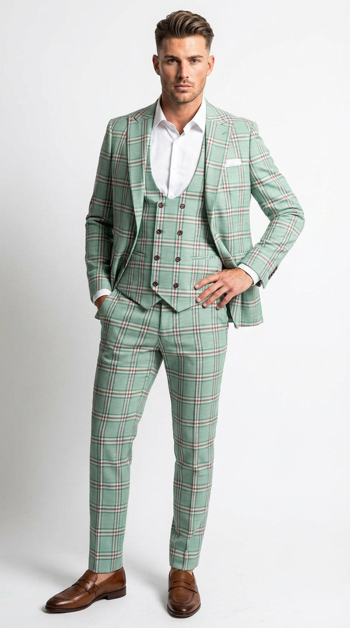 Mint Green Plaid Three Piece Suit for Men | Classic Checkered Formal Suit with Jacket Vest and Pants By Rossiman