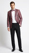 Alberto Nardoni men's blazer: burgundy/black snakeskin print, tailored fit, peak lapel, two pockets. Textured appearance. Worn with white shirt, black trousers for a formal look.
