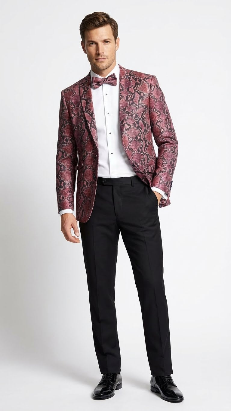 Men’s Burgundy and Black Snakeskin Print Blazer – Alligator Crocodile Sport Jacket Exotic Skin