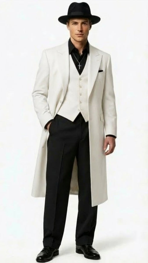Mens White Long Zoot Suit Costume Set with Black Pants â€“ Wedding, Prom and Party Outfit 1920s - 1930s Gangster Style