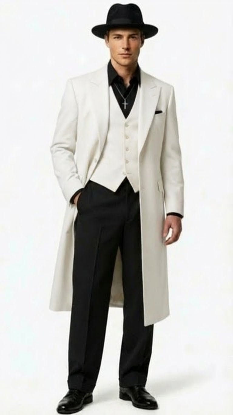 Mens White Long Zoot Suit Costume Set with Black Pants - Wedding, Prom and Party Outfit 1920s - 1930s Gangster Style