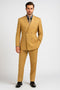Alberto Nardoni men's camel tan pinstripe double-breasted suit. Fitted jacket, peaked lapels, straight-cut trousers. Smooth material, structured silhouette. Vertical pinstripes.
