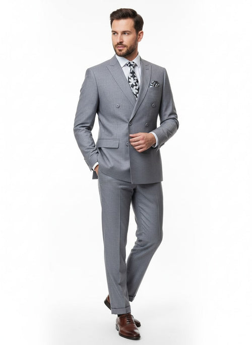 Men's gray tone-on-tone double-breasted suit. Classic slim fit, two-piece with shadow stripe. Formal business attire featuring a structured jacket and matching trousers.
