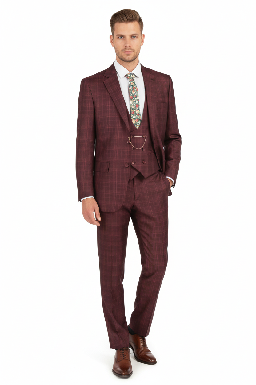 Men's burgundy 3-piece suit with a classic fit. Features a checkered blazer (windowpane pattern), matching vest, and pants. A stylish plaid ensemble.
