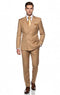 Men's camel bronze double-breasted suit. Tailored fit, two-row button closure. Includes structured jacket with notched lapels, matching trousers, pocket square. Paired with light shirt, complementary tie.
