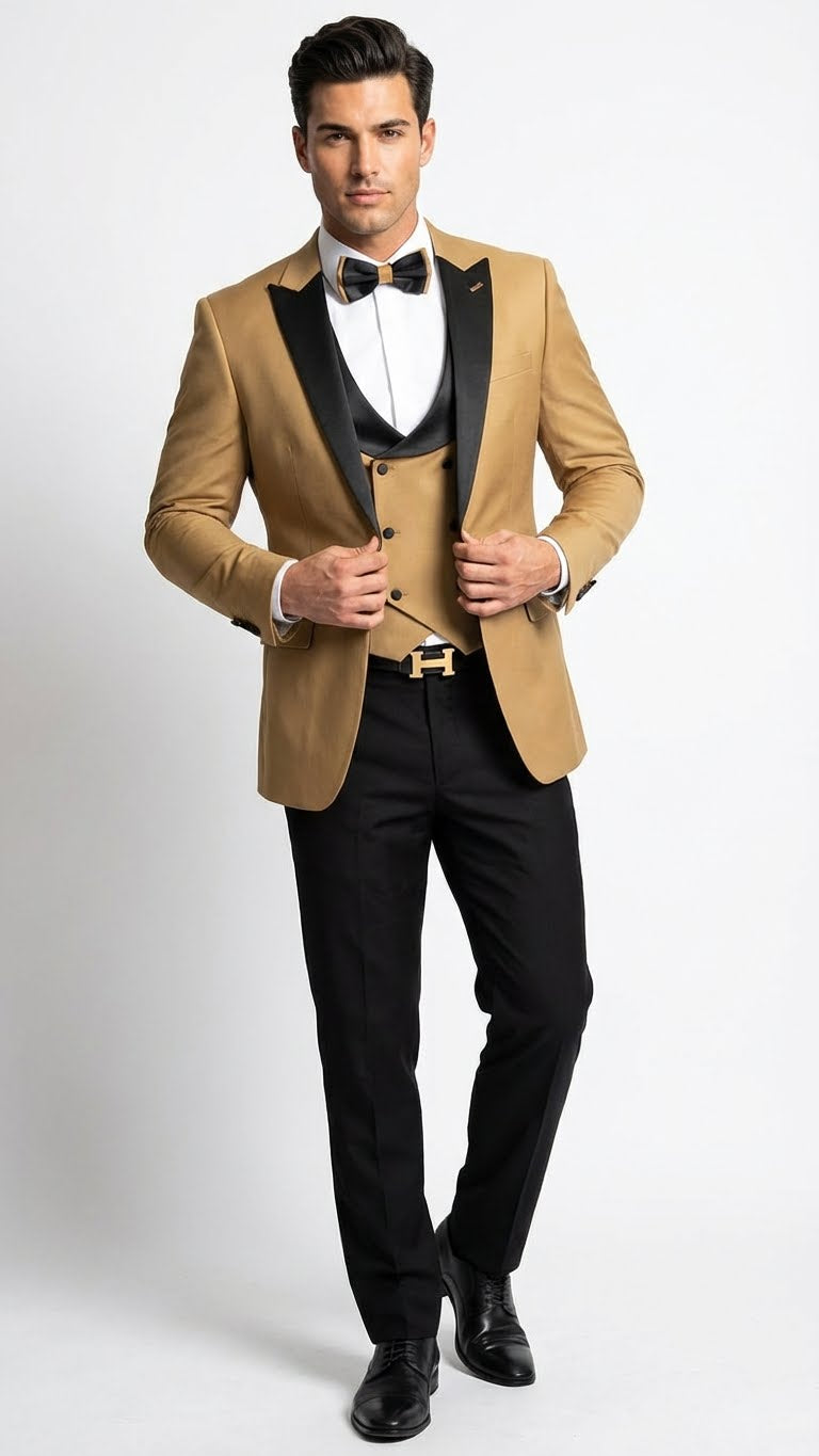 Men's Dark Camel Tan Khaki and Black Great Gatsby Tuxedo Suit - Vintage 1920s Formal Wedding, Party and Event Wear