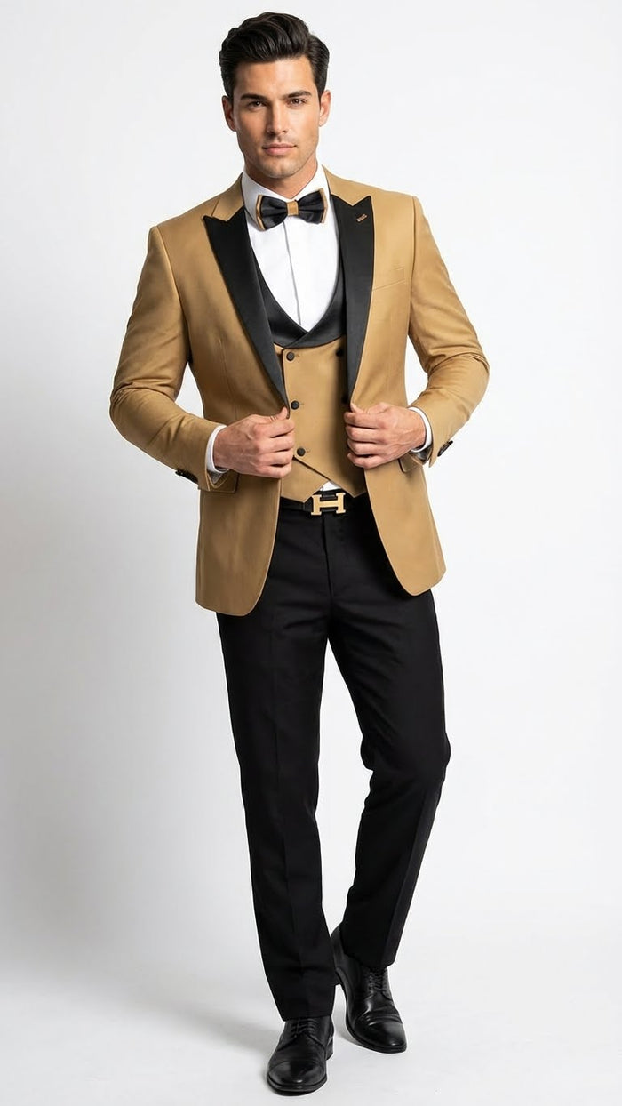 Men's Dark Camel Tan Khaki and Black Great Gatsby Tuxedo Suit - Vintage 1920s Formal Wedding, Party and Event Wear