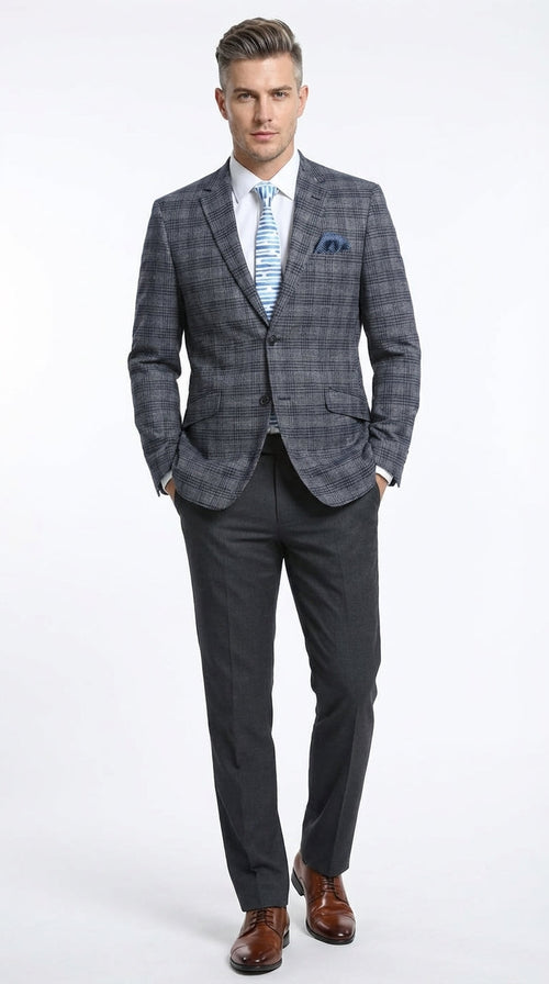 Mens Charcoal Gray with Blue Plaid Pattern Blazer Jacket – Classic Check Pattern Sport Coat for Business, Office, and Smart Casual Wear