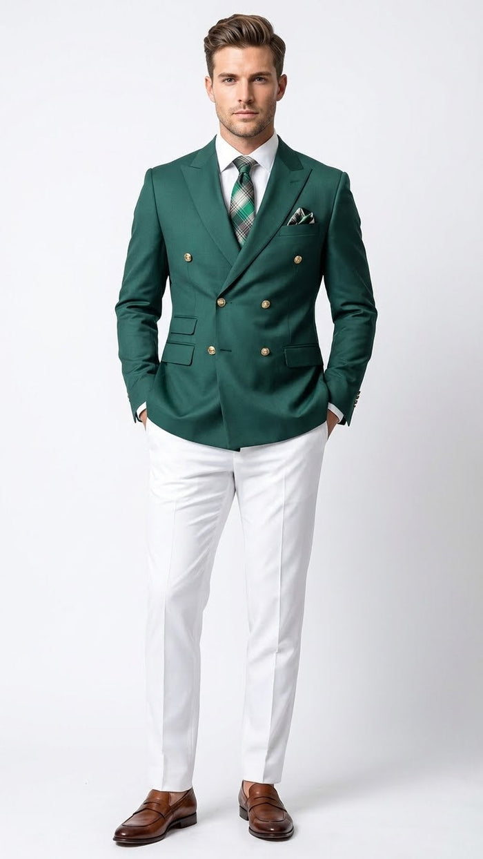 Men's dark green double-breasted blazer featuring a tailored fit. It is constructed from a smooth fabric with a slight sheen. The blazer has two rows of gold buttons and includes two front pockets.
