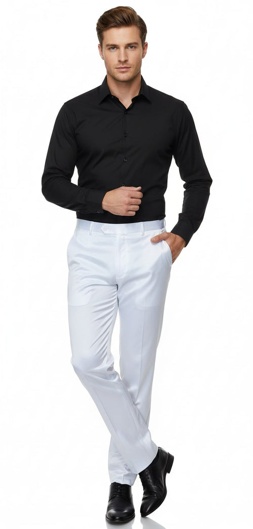 Men's white satin slim-fit dress pants. Smooth, shiny, tailored silhouette with clean front, subtle sheen, and refined taper. Structured waistband, belt loops, and side pockets.
