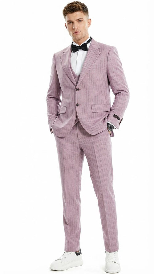 Dusty rose pink, pinstripe three-piece men's suit. Includes a fitted blazer (notch lapel, 2 buttons, contrasting cuffs), matching vest, and tailored trousers. Smooth fabric, tailored fit.