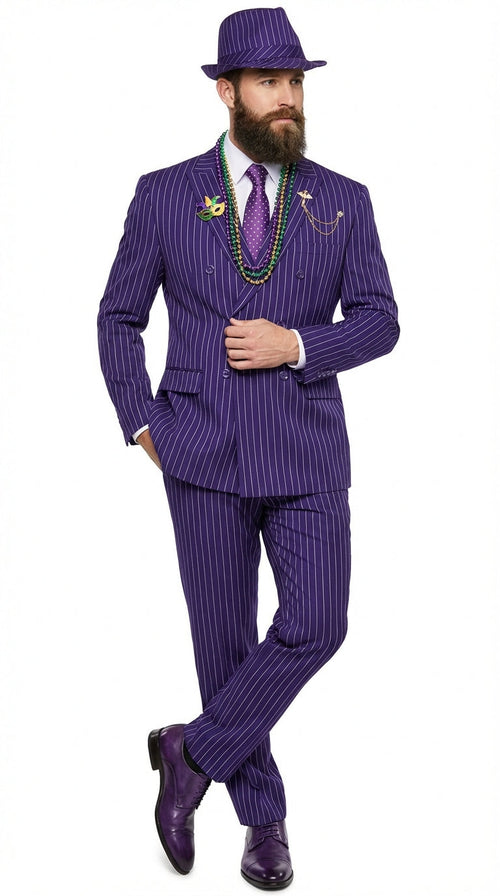 Men’s Purple Pinstripe Mardi Gras Suit | Classic Double Breasted Formal Carnival Suit