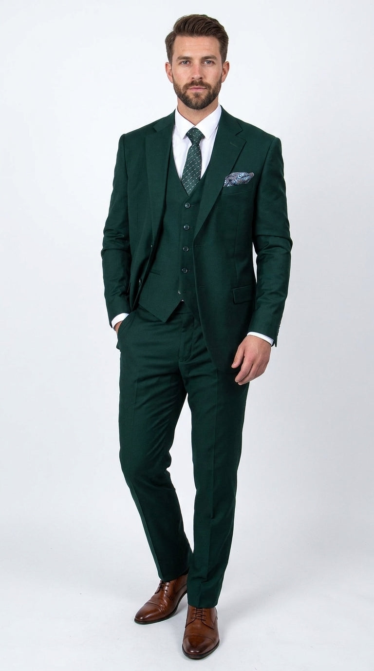 Men’s Stacey Adams Designer Hunter Green 3 Piece Suit – Two Button Vested Classic Wedding, Prom & Formal Suit