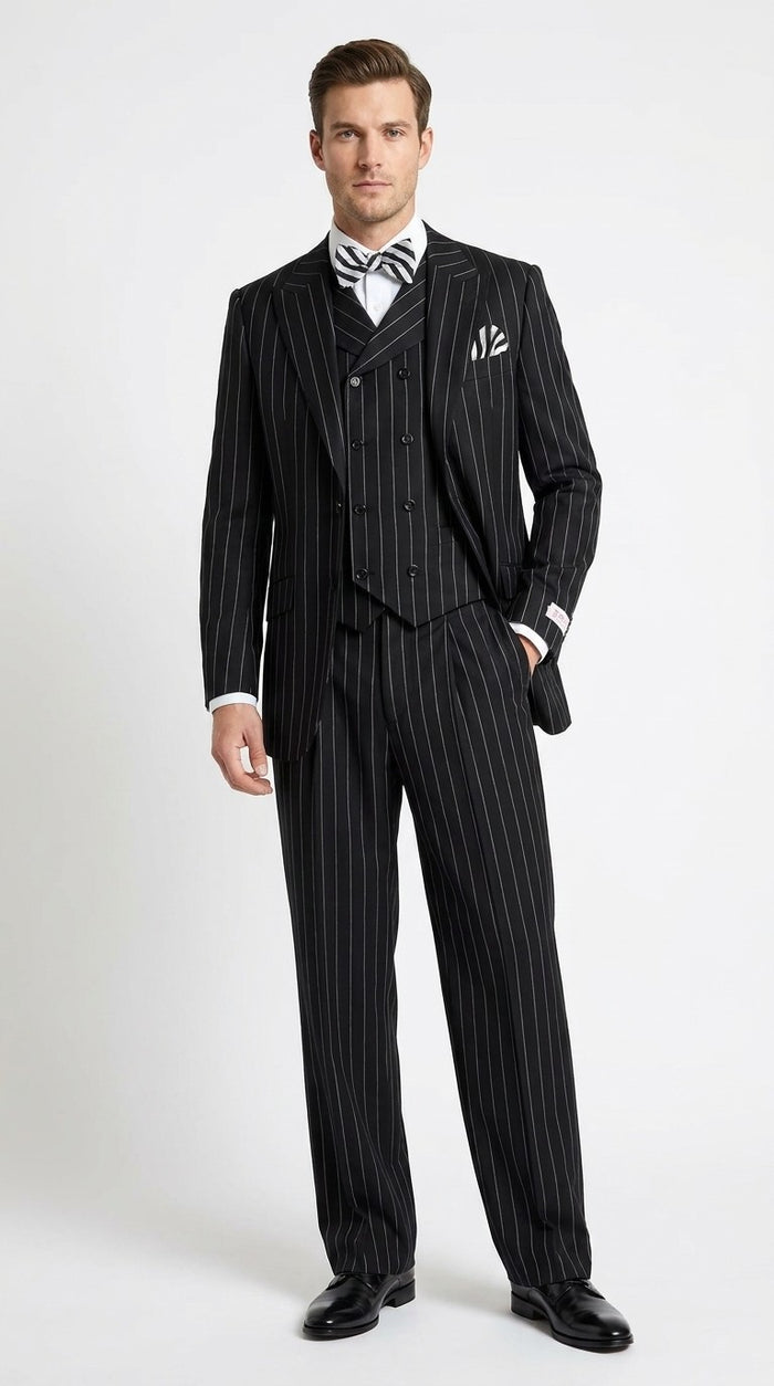 Men’s Black Pinstripe 3-Piece Suit Wool Suit  – Classic Fit Single Button Suit with Wide Leg Pleated Pants By Tiglio Russo