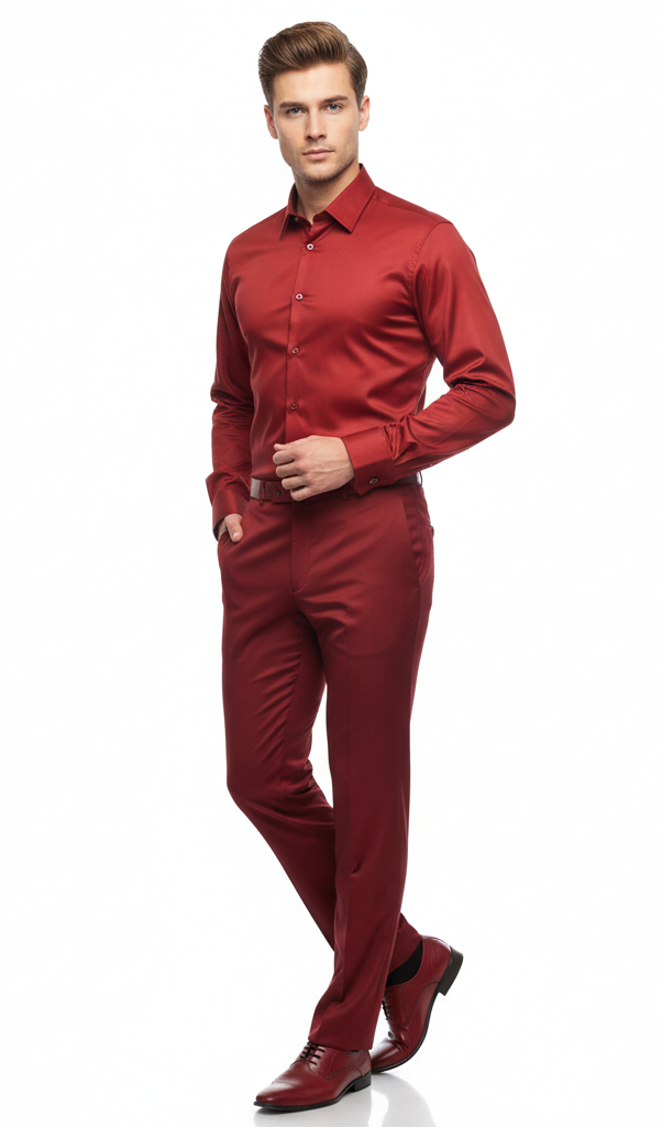 Men's red satin dress shirt. Long sleeves, classic collar, and button closure. Smooth, shiny fabric for light reflection.
