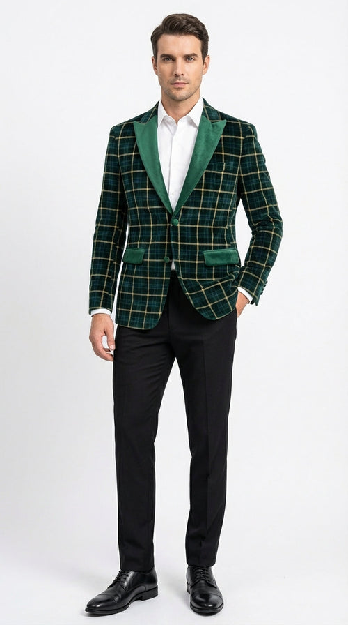 Mens Tartan Green and Gold Check Blazer – Windowpane Plaid Sport Coat Velvet Lapel Plaid Christmas Holiday New Year Jacket