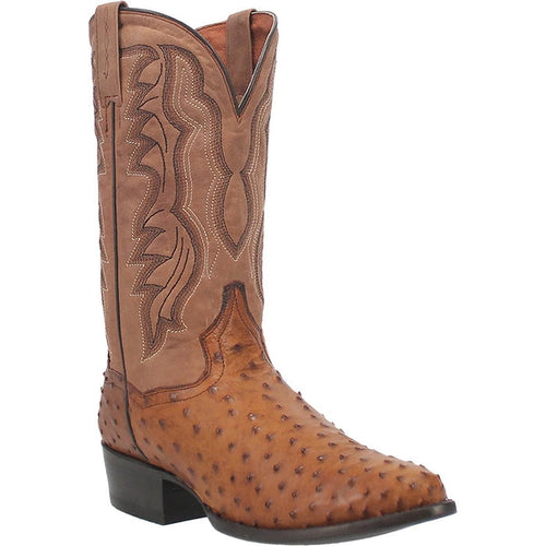 Dan Post Tempe boots. Full quill ostrich leather in saddle brown with detailed stitching. Round toe, stacked heel, smooth shaft finish. Stylish and durable footwear.
