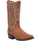 Dan Post Tempe boots. Full quill ostrich leather in saddle brown with detailed stitching. Round toe, stacked heel, smooth shaft finish. Stylish and durable footwear.
