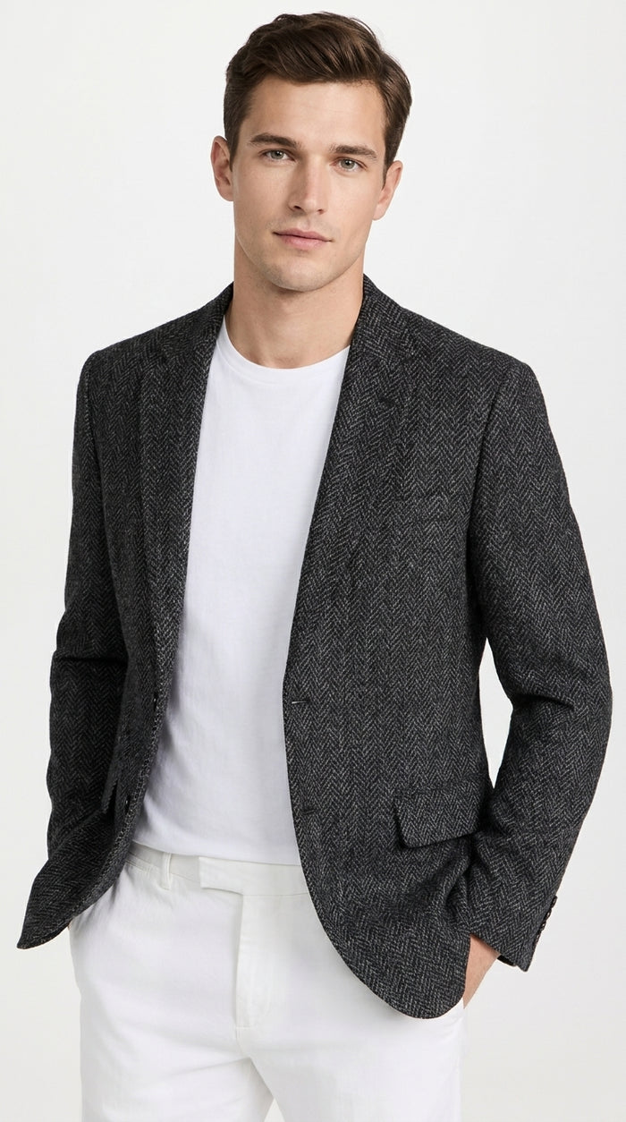 Men’s Charcoal Herringbone Tweed Sport Coat – Classic Textured Wool-Style Blazer