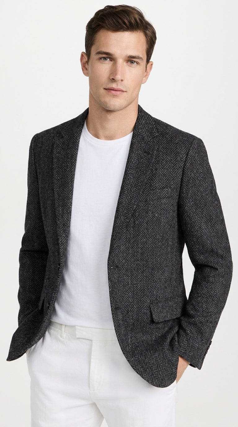 Men’s Charcoal Herringbone Tweed Sport Coat – Classic Textured Wool-Style Blazer