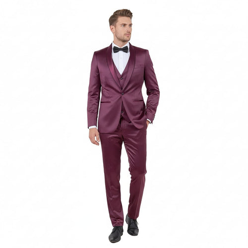Mens Sateen Shiny Burgundy Slim Fit Tuxedo – Satin Shawl Lapel 3-Piece Suit