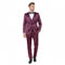 Men's burgundy slim-fit tuxedo with a shiny sateen finish. Satin shawl lapel, single-breasted, two-button jacket, and matching slim pants. Glossy and smooth material.
