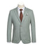 Light sage gray, slim-fit blazer. Textured fabric, structured shoulders, notch lapels. Features two front pockets and a single-button closure, plus decorative lapel button.
