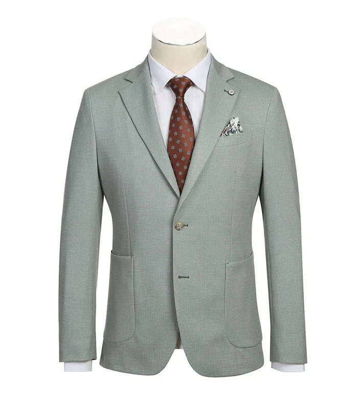 Light sage gray, slim-fit blazer. Textured fabric, structured shoulders, notch lapels. Features two front pockets and a single-button closure, plus decorative lapel button.
