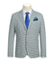 Sage blue check slim blazer. Half canvas, structured fit with notched lapels. Features a checkered pattern, two-button closure, and front pockets. Lightweight, smooth finish, tailored style. Decorative pocket square.
