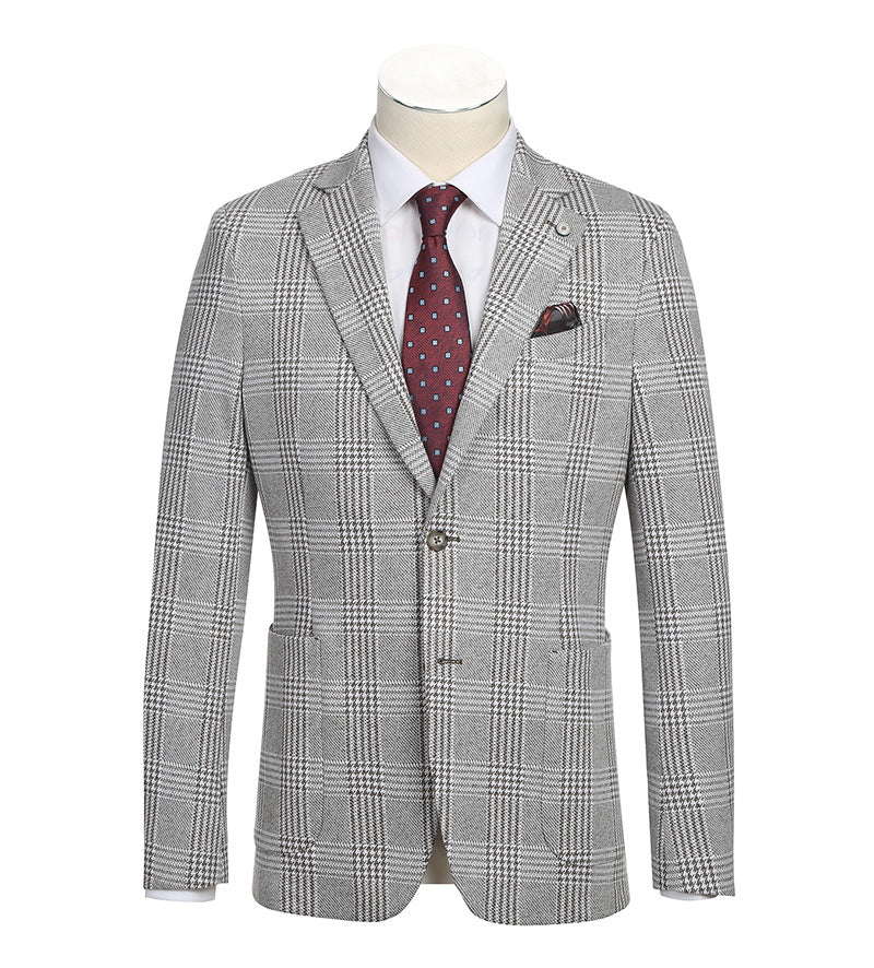Slim fit, half-canvas gray plaid blazer. Tailored silhouette, notched lapels, two front pockets, single-button closure. Formal wear, lined interior. Black & white accents.
