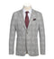 Slim fit, half-canvas gray plaid blazer. Tailored silhouette, notched lapels, two front pockets, single-button closure. Formal wear, lined interior. Black & white accents.
