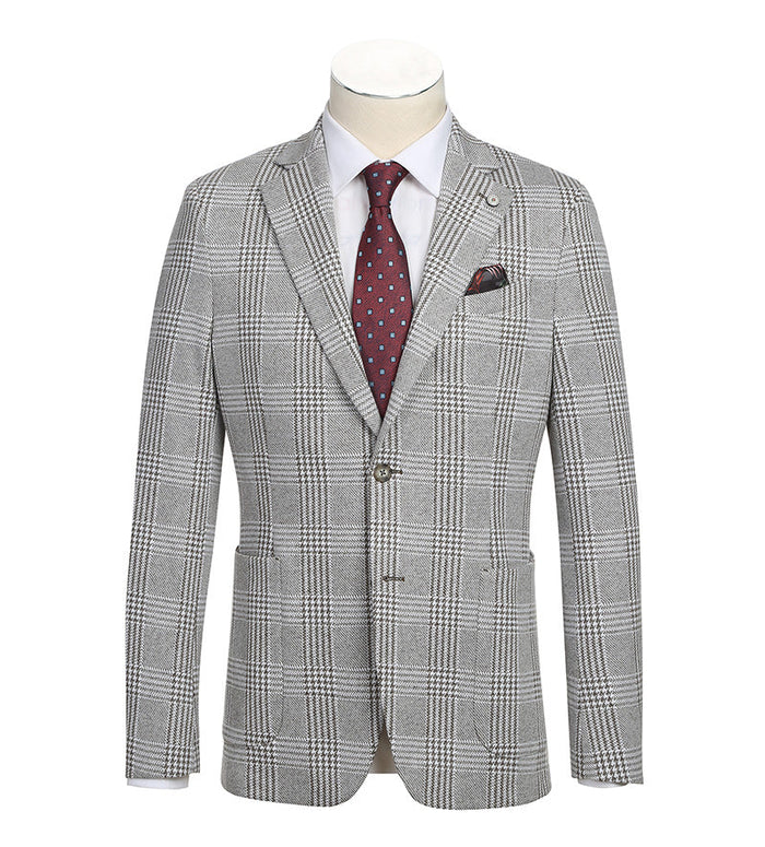 Slim fit, half-canvas gray plaid blazer. Tailored silhouette, notched lapels, two front pockets, single-button closure. Formal wear, lined interior. Black & white accents.
