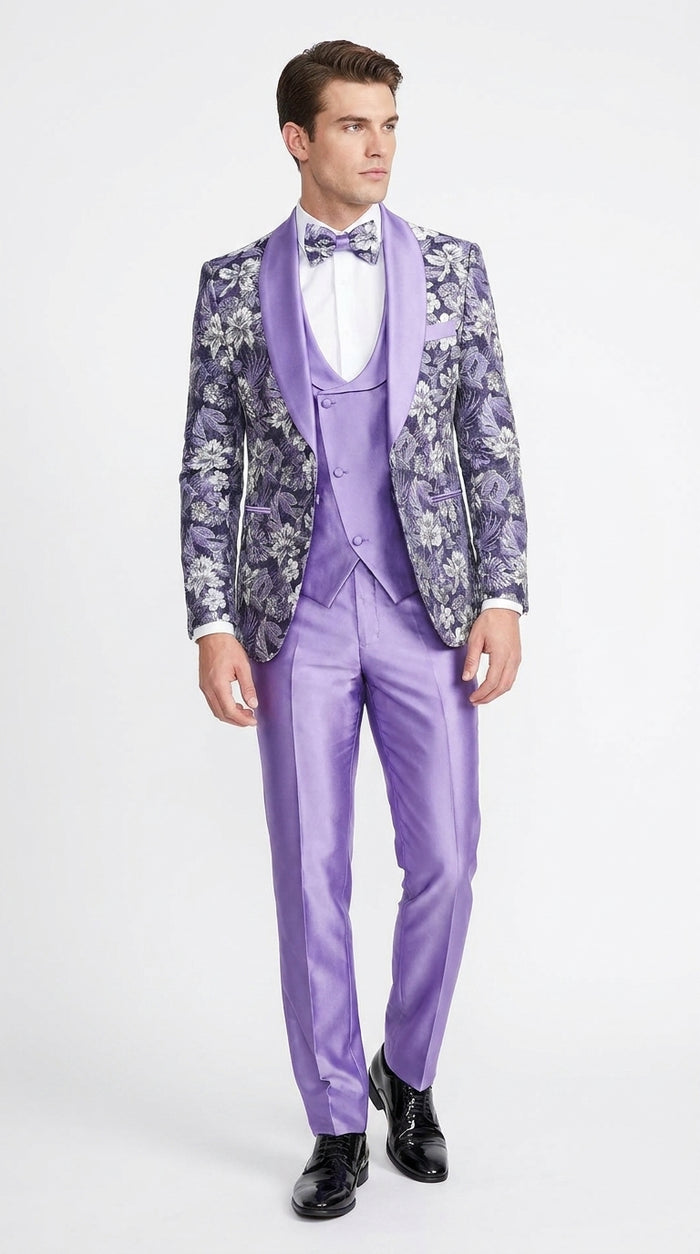 Men’s Lilac Lavender Prom Suit – Floral Shawl Lapel 3 Piece Tuxedo with Matching Vest and Pants