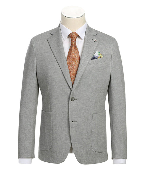 Gray, textured, half-canvas slim-fit blazer. Tailored single-breasted design with one button. Notched lapel, two front pockets, and tapered sleeves. Pocket square adds pattern contrast.
