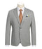 Gray, textured, half-canvas slim-fit blazer. Tailored single-breasted design with one button. Notched lapel, two front pockets, and tapered sleeves. Pocket square adds pattern contrast.

