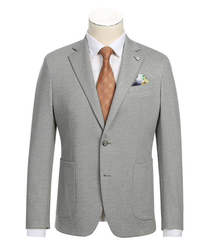 Gray, textured, half-canvas slim-fit blazer. Tailored single-breasted design with one button. Notched lapel, two front pockets, and tapered sleeves. Pocket square adds pattern contrast.
