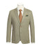 Khaki half-canvas slim-fit blazer. Double-breasted, notched lapels. Textured fabric, subtle pattern. Two front pockets, single-button closure. Paired with a white shirt and orange tie. Neutral appearance.
