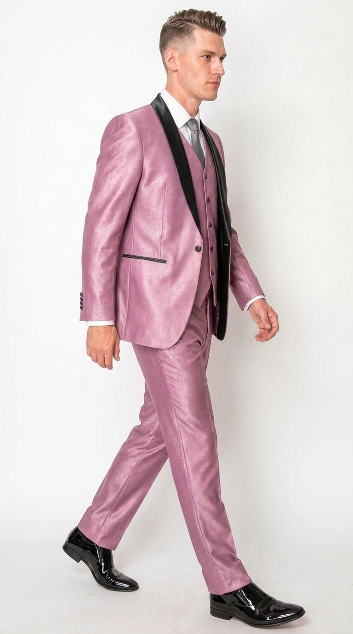 Men’s Shiny Mauve Pink 3 Piece Tuxedo – Wedding & Prom Suit with Black Shawl Lapel